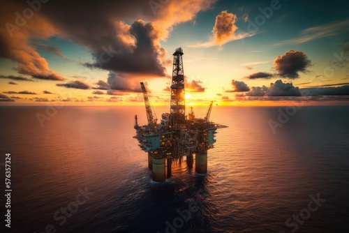 Oilrig from aerial view in the sunset, made with generative ai © alesta