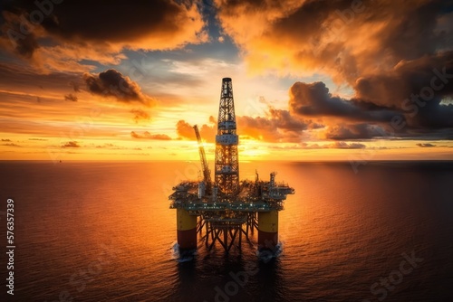 Oilrig from aerial view in the sunset, made with generative ai © Interstellar