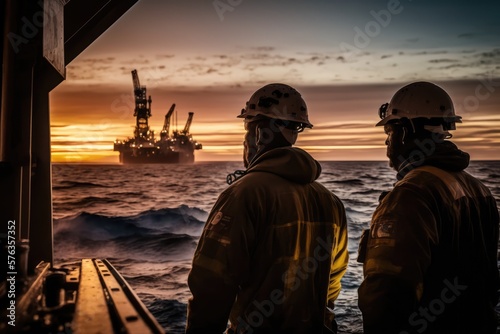Foto Offshore workers at work at an oilrig, made with generative ai