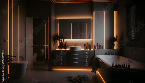 Modern and confortable bathroom illuminated by led strips  3d render  Generative AI