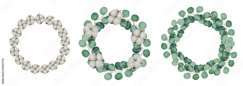 Watercolor compositions of frames and wreaths of eucalyptus and cotton. Hand painting clipart on an isolated background. Print for wedding invitation, designers, decoration, textile, poster Watercolor compositions of frames and wreaths of eucalyptus and cotton. Hand painting clipart on an isolated background. Print for wedding invitation, designers, decoration, textile, poster