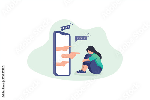 Cyber Bullying. Sad teenage girl sitting in front of phone with dislike in social media, mockery. Depressed young woman after insult, swear, verbal abuse in internet. Depression, stress concept