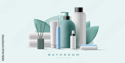Set of modern body care products for the bathroom 3d. Compositions of shampoo, gel, spray, soap, toothpaste and brush, aroma sticks and towels, with elements of leaves.