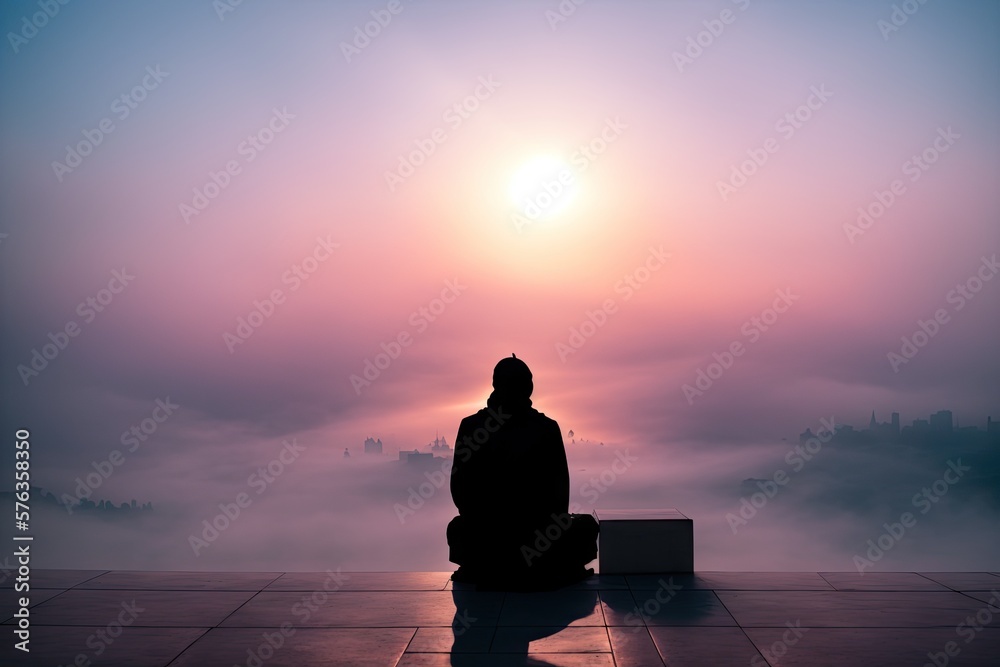 Muslim praying in a mystical environment, silhouette photo, no face visible, generative ai, color grading, islam religion concept photo