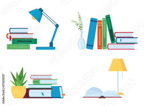 Reading literature, flat book stacks and piles for study