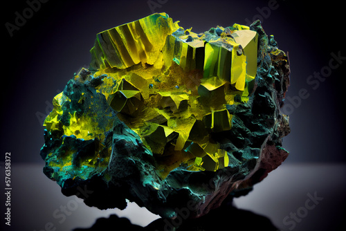 Uranium ore, a dark and foreboding image of a jagged rock face, riddled with veins of glittering yellow-green crystals. Generative AI photo