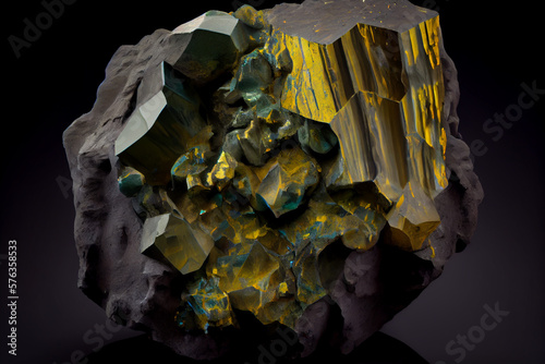 Uranium ore, a dark and foreboding image of a jagged rock face, riddled with veins of glittering yellow-green crystals. Generative AI photo