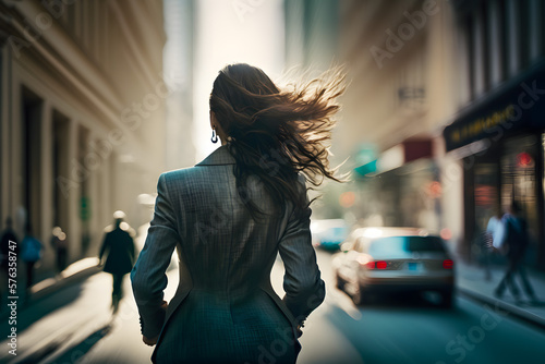 Rear view of a girl in a business suit proudly and confidently walks through the metropolis business district of the city