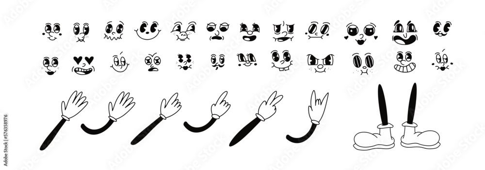 Retro 30s cartoon mascot characters funny faces. 50s, 60s old animation eyes and mouths elements. Vintage comic smile for logo vector set. legs, foots, hands in gloves, different positions  - obrazy, fototapety, plakaty 
