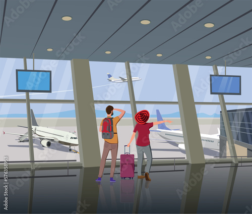Family at the airport look out the window at the airport and airplanes. Vector.