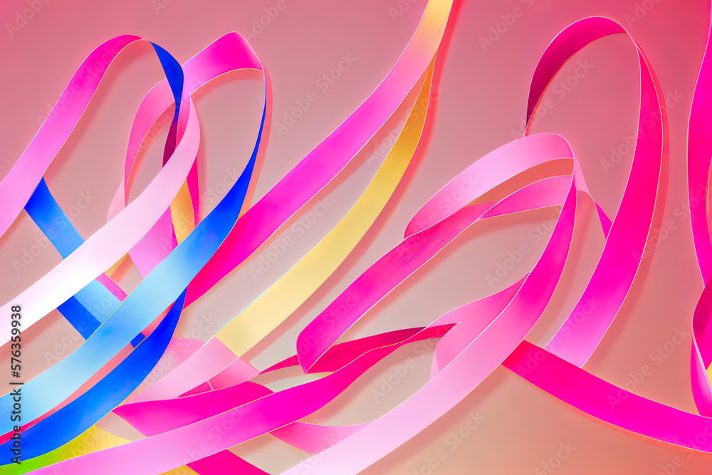 colorful ribbons on pink background, cancer awareness. Generative Ai