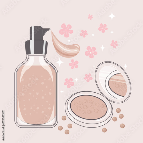 A bottle of foundation and cosmetic powder for the face. The concept of beauty, tenderness and femininity
