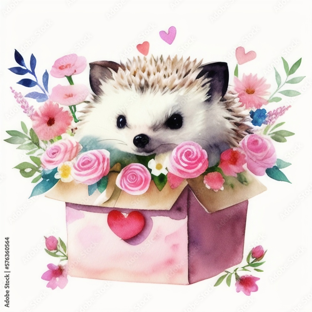 Φωτογραφία picture of an cute little hedgehog in a box with flowers and hearts, a watercol