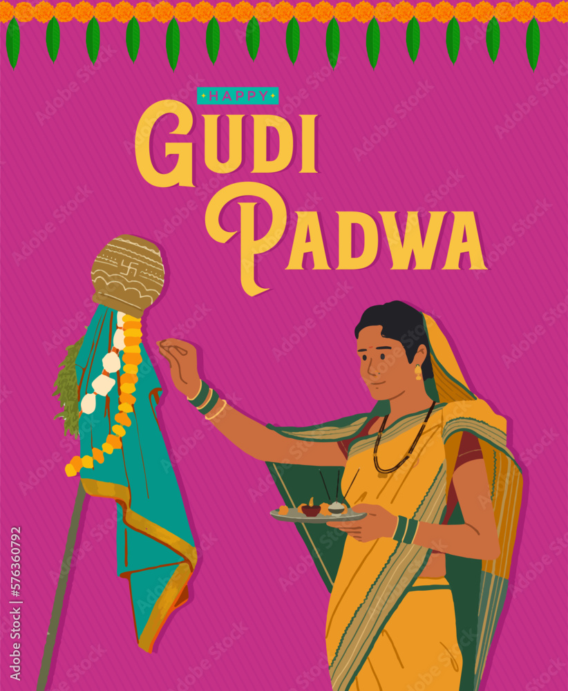 Obraz premium Gudi Padwa festival banner design with Indian woman vector illustration doing prayer 