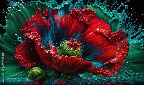  a painting of a red flower with water splashing around it.  generative ai
