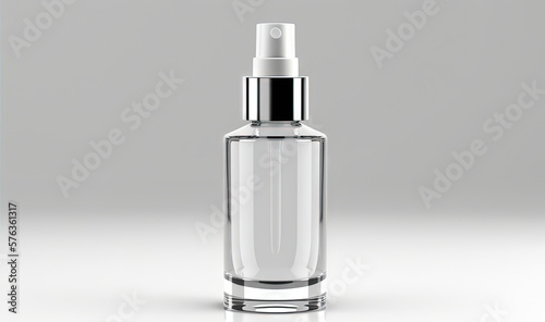  a clear glass bottle with a black top and a silver cap.  generative ai