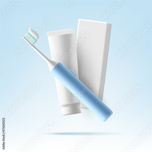 3D electric toothbrush, a white tube of toothpaste and a cardboard package for it. Advertisement of toothpaste. Vector illustration of a light blue background.