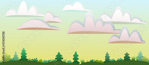 Dawn sky. Summer landscape with plants and meadow. Seamless illustration. Cartoon fun style. Flat design. Vector