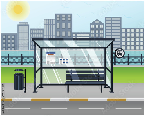 Cityscape Bus Stop Illustration, Public Transport Bus Station With City And River Background