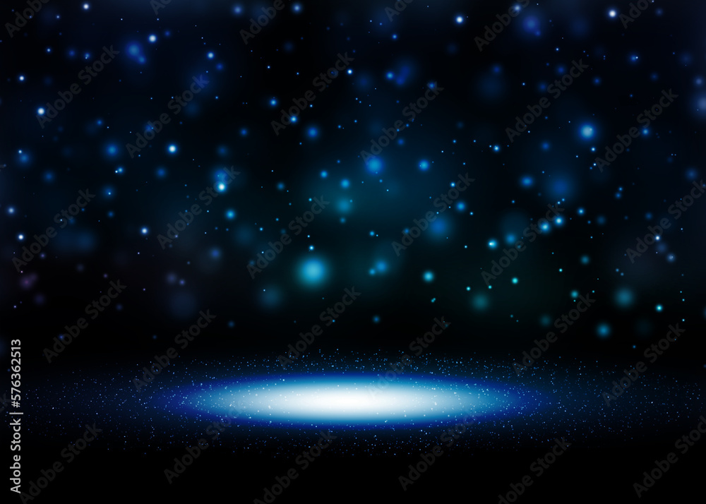 Fototapeta premium Dark blue glitter lights show on stage with bokeh elegant lens flare abstract background. Dust sparks background..