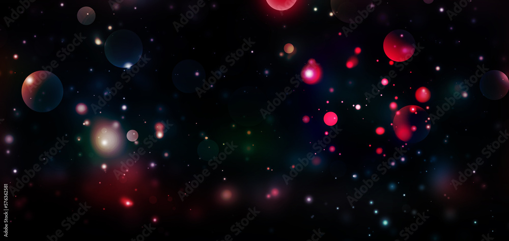 Space background with night colorful sparkle rays glitter lights and bokeh elegant lens flare abstract background.