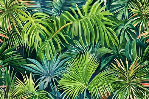 A continuous belt of tropical vegetation. Wallpaper pattern painted in watercolor. Picturesque tropical setting with palm palms. Framed with a handpainted canvas. Generative AI