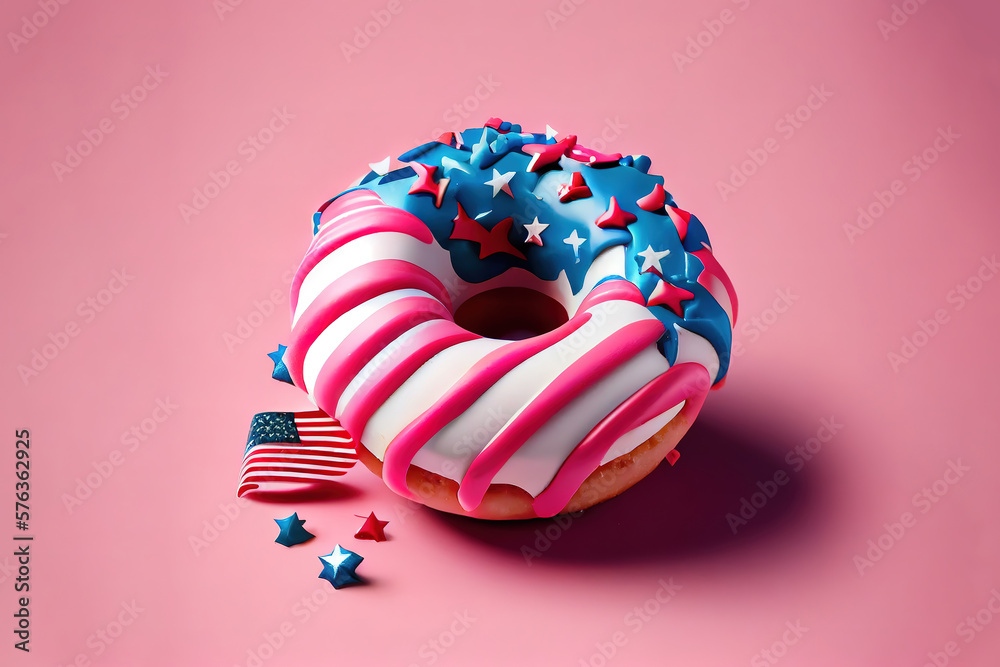 Little american flag stuck in donuts on pink background. Generative Ai Little american flag stuck in donuts on pink background. Generative Ai