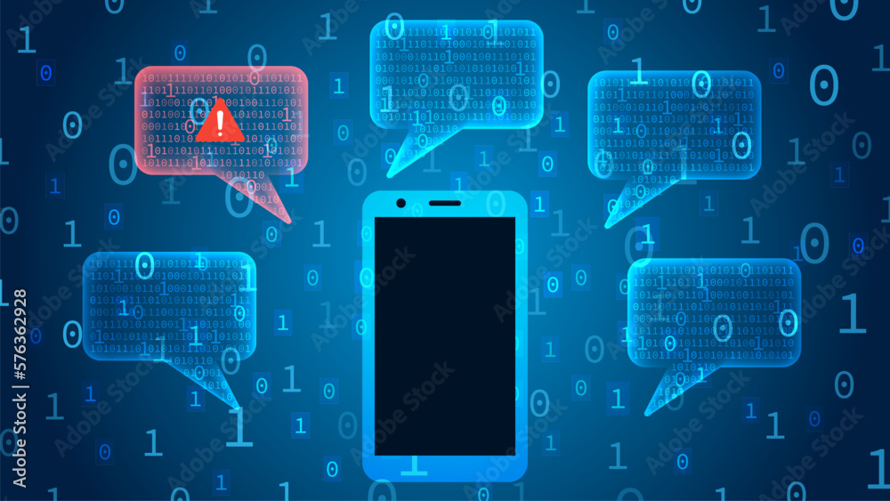 Illustration of sms attacks or sms mobile threats. Sms and smartphone on blue binary background