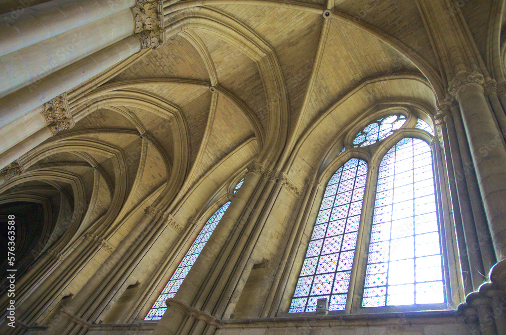 ceiling, columns and walls of the Vezelay abbey cathedral interior, France