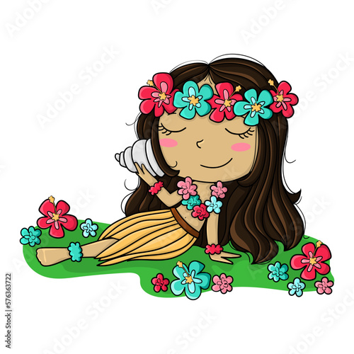Illustration of a cute Hawaiian girl sitting on the ground listening to the sound of a conch shell. Vector drawing