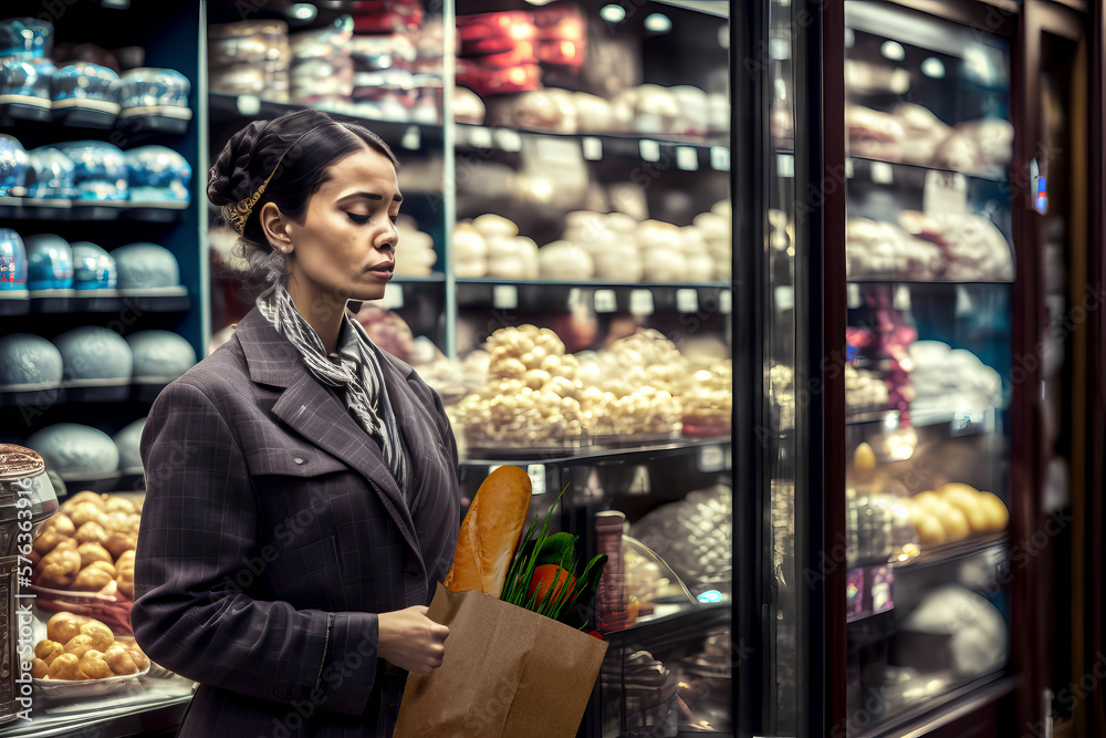 Praying Nation, Woman praying after shopping at grocery store, created with Generative AI technology