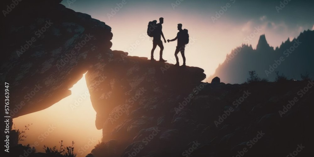 Reaching the Summit Together: Friends' Silhouettes Pulling Each Other Over the Mountain ai generative