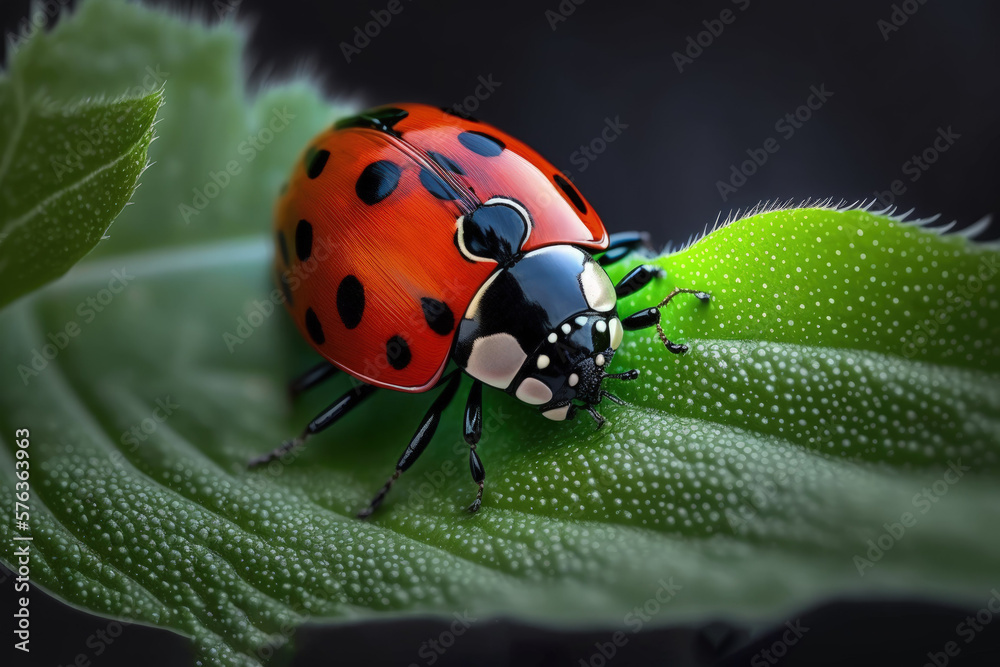 Fototapeta premium Macro photograph of a ladybug on a leaf. Generative AI