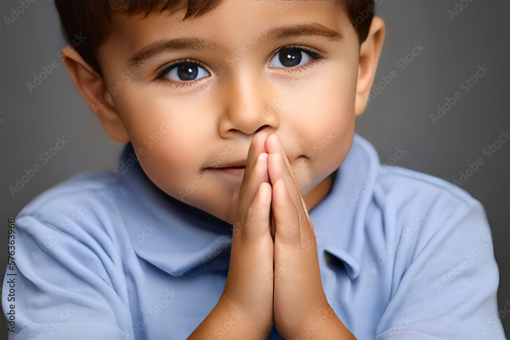 Praying Nation, Young Caucasian boy with big eyes praying hands in front of his face, created with Generative AI technology Praying Nation, Young Caucasian boy with big eyes praying hands in front of his face, created with Generative AI technology