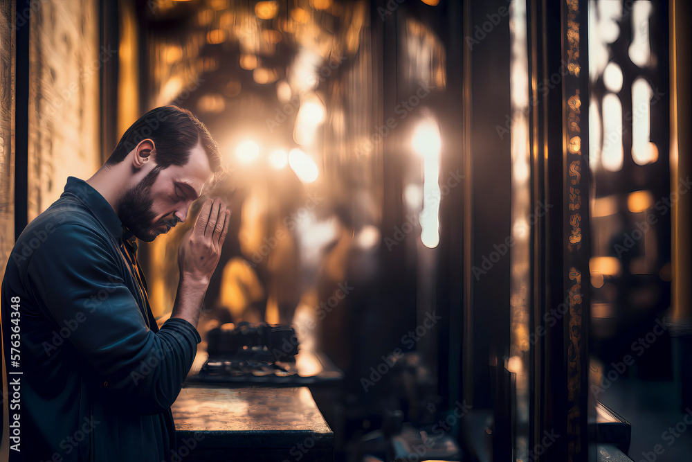 Praying Nation, Caucasian man with back against wall praying with setting sun backdrop, open text area, created with Generative AI technology Praying Nation, Caucasian man with back against wall praying with setting sun backdrop, open text area, created with Generative AI technology