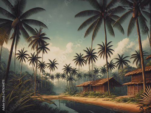 Tropical landscape with wild jungle, palm trees and exotic huts. Fictional imaginary landscape, engraved retro style. Generative AI