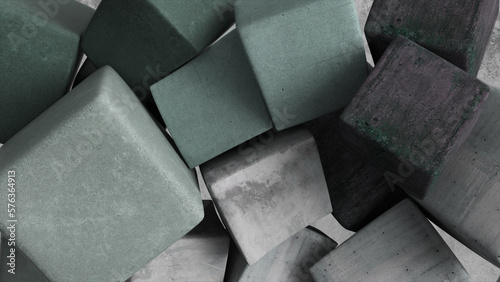 Abstract concept. Gray soft cubes stack and pile up against a gray concrete wall. Lots of cubes. 3d illustration