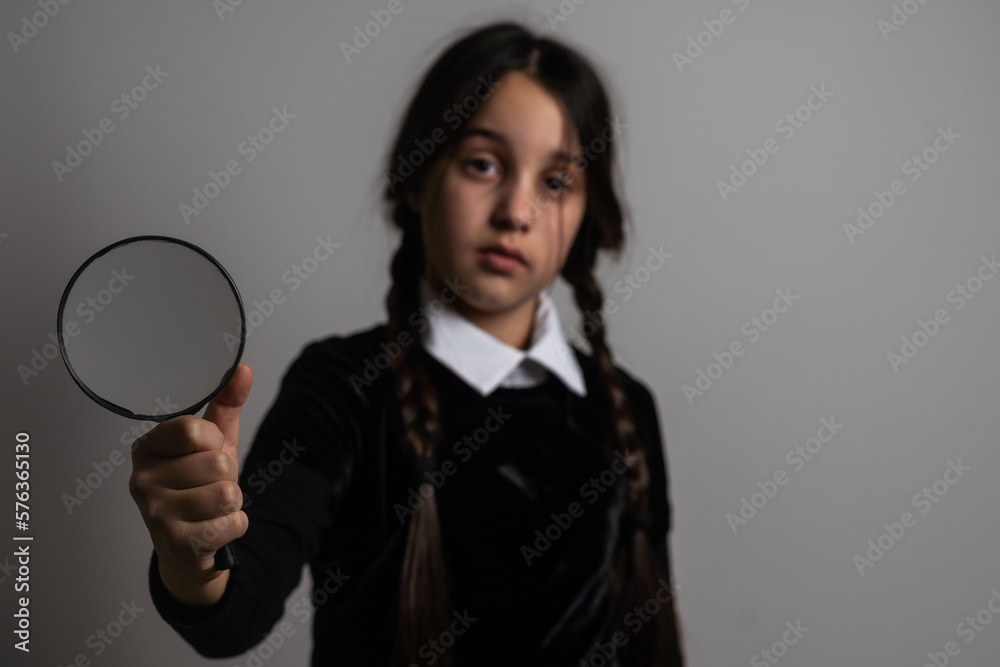 Wednesday student girl on a dark background. Wednesday student girl on a dark background.