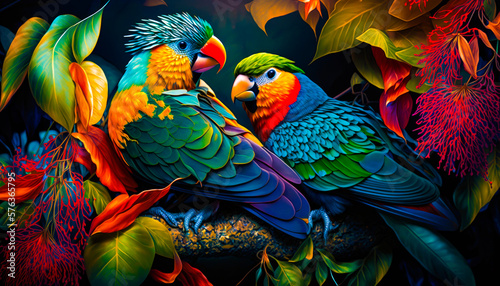 Canvastavla Two colorful birds sitting on top of tree branch. Generative AI.