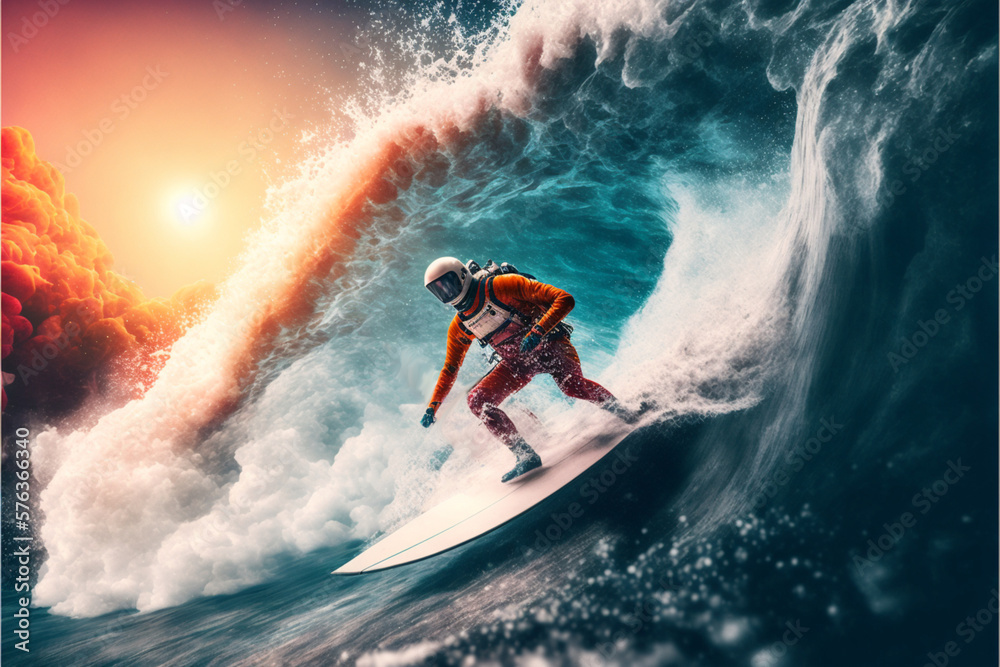 Astronaut Surfer on big ocean wave. Caught a large wave. Extreme sport. created with AI Astronaut Surfer on big ocean wave. Caught a large wave. Extreme sport. created with AI