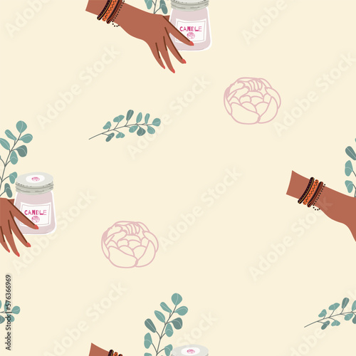 Seamless pattern, digital paper, candle theme wrapping paper, aromatherapy, hobby, pastime, relaxation, self love, self care. Flat cartoon vector illustration, hand drawn style.