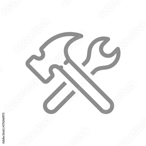 Wrench and hammer crossed line vector icon. Spanner, settings outline symbol.