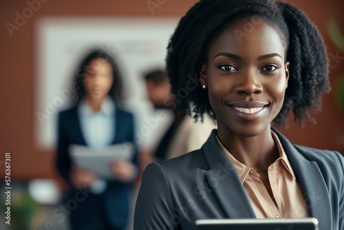 An black afro-american business woman portrait smiling and looking directly to camera. generative ai