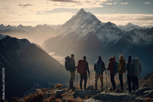 Group of people standing on top of the mountain, trekking, hiking, alpinism, trail AI Generative