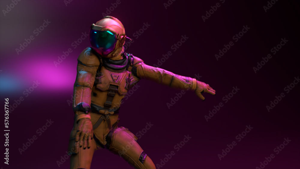 Disco party for an astronaut. Space suit. neon light. Modern dances. Large mirror helmet. 3d illustration Disco party for an astronaut. Space suit. neon light. Modern dances. Large mirror helmet. 3d illustration