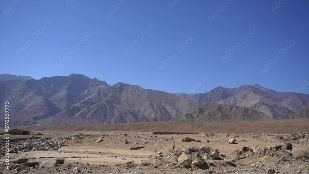 Street view: beautiful scenery of mountains and blue sky at Ladakh, India. Inside view of a car. Street view: beautiful scenery of mountains and blue sky at Ladakh, India. Inside view of a car.