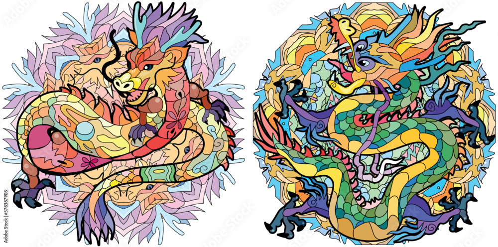 Zentangle dragons on mandala. Hand drawn decorative vector illustration