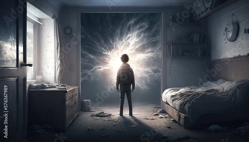 Man standing in his bedroom. Portal to another dimension. Lucid dreaming concept illustration generative i.