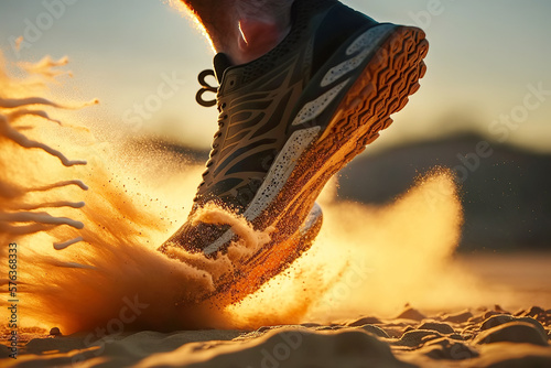 sports sneakers on foot of a man running on sand on beach in summer at sunset. Generative AI