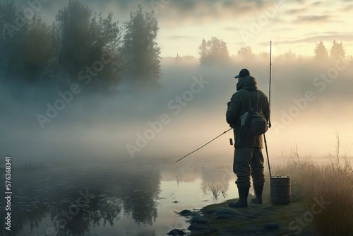 Fisherman with a fishing rod on the background of a misty lake. Generative AI